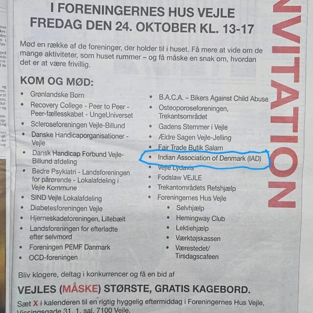 Photo: Ugeavisen Vejle (Newspaper)

IAD is happy to share that we have again been invited to be part of "Åbent Hus." Last year, over 450 Danes and internationals from around Vejle visited this event. Join us to learn more about the activities and developments we are undertaking for the community. 

**ALL ARE WELCOME!!!** Meet us to discuss what we (IAD) are doing.

**All associations are combining to have Vejle's BIGGEST FREE CAKE!!!**

Looking forward to seeing you there!!!

#IAD #IADDenmark #IndianAssociationDenmark #Åbenthus