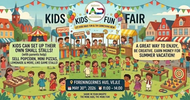 Join us for a joyful day full of creativity, fun, and little entrepreneurs! 🎉👧👦

Indian Association of Denmark (IAD) warmly invites you to the *Kids Fun Fair in Vejle* — where kids take the lead and bring their ideas to life! 🍿🍕🧃

📍 Foreningernes Hus, Vejle
📅 May 30, 2026
⏰ 11:00 – 14:00

Kids can set up their own mini stalls (with a little help from parents) and sell fun treats like popcorn, mini pizzas, lemonade, or anything they dream up! 💡✨

It’s a perfect way for them to explore creativity, learn, and even earn a little pocket money for summer! ☀️💰

🎈 *OPEN FOR ALL* — bring your friends, family, and smiles!
✅ FREE entry (Registration required for better planning)
https://indianassociationdenmark.com/iad/kidsfunfair/

👉 Kids Food Stall Registration:
https://indianassociationdenmark.com/iad/kidsfunfairstall/

Let’s make it a fun-filled day for everyone! 🥳

#KidsFunFair #VejleEvents #IndianAssociationDenmark #FamilyFun #KidsEntrepreneurs FunDayOut DenmarkEvents CommunityEvents CreativeKids SummerVibes