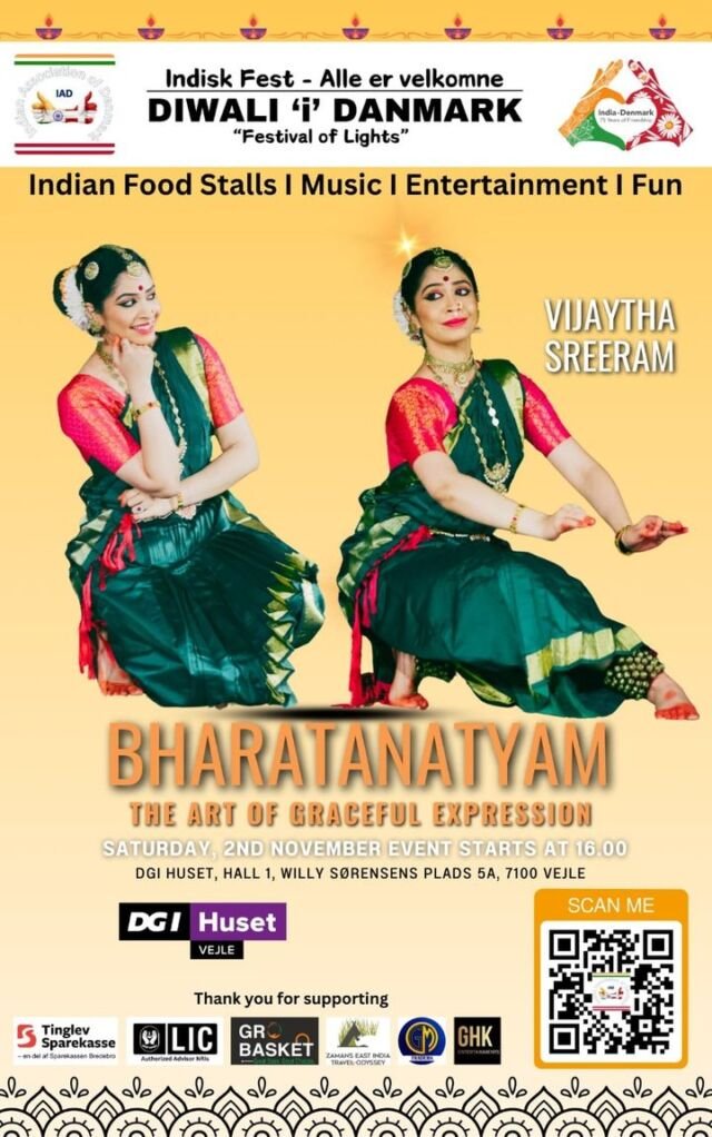 BHARATANATYAM - The Art Of Graceful Expression!!! Festival of Lights - Diwali 'i' Danmark Fest 

The clock is ticking! ⏳ 𝐎𝐧𝐥𝐲 𝟐𝟐 𝐝𝐚𝐲𝐬 𝐫𝐞𝐦𝐚𝐢𝐧 𝐮𝐧𝐭𝐢𝐥 𝐭𝐡𝐞 𝐠𝐫𝐚𝐧𝐝 𝐃𝐢𝐰𝐚𝐥𝐢 - 𝐅𝐞𝐬𝐭𝐢𝐯𝐚𝐥 𝐨𝐟 𝐋𝐢𝐠𝐡𝐭𝐬 𝐄𝐯𝐞𝐧𝐭 𝐨𝐧 𝐍𝐨𝐯𝐞𝐦𝐛𝐞𝐫 𝟐! 🎆🌟 𝐃𝐨𝐧'𝐭 𝐦𝐢𝐬𝐬 𝐨𝐮𝐭—𝐫𝐞𝐠𝐢𝐬𝐭𝐞𝐫 𝐧𝐨𝐰 𝐭𝐨 𝐞𝐱𝐩𝐞𝐫𝐢𝐞𝐧𝐜𝐞 𝐚 𝐧𝐢𝐠𝐡𝐭 𝐨𝐟 𝐯𝐢𝐛𝐫𝐚𝐧𝐭 𝐜𝐮𝐥𝐭𝐮𝐫𝐞, 𝐟𝐨𝐨𝐝, 𝐥𝐚𝐮𝐠𝐡𝐭𝐞𝐫, 𝐚𝐧𝐝 𝐜𝐞𝐥𝐞𝐛𝐫𝐚𝐭𝐢𝐨𝐧! 🪔🎭 https://indianassociationdenmark.com/iad/diwali2024/

Vijaytha Vijay is a highly accomplished Bharatanatyam dancer with over twenty years of experience. 🌟 Trained by esteemed gurus such as Thakazhi Omana, Anita Janaki, and Girija Chandran, she began her performances at the young age of five, showcasing her talent in both national and international venues. 🌍 Her dedication to the art form has earned her recognition, including two first-place finishes in Bharatanatyam at the Kerala State Youth Festival (India). 🥇🥇

Vijaytha holds a master’s degree in fine arts with a specialization in Bharatanatyam, guided by the renowned guru Dr. Padma Subramanyam. 🎓 Committed to nurturing the next generation, she founded Nrityapada, a Bharatanatyam dance school in Denmark, aiming to inspire both current and future enthusiasts of this classical dance form. ✨
Follow Nrityapada: 
https://www.instagram.com/nrityapada?igsh=Yng0NHl0NWcxeXEy&utm_source=qr

Indian Council For Cultural Relations Embassy of Denmark in India India in Denmark (Embassy of India, Copenhagen) Vejle Kommune VisitVejle Danish Cultural Institute India Vejle, Denmark Vijaytha Sreeram 

 #IADDiwali2024 #FestivalOfLights #CommunitySpirit #DiwaliCelebration #DiwaliVejle #vejle #bharatanatyam  #IADDiwaliVejle

Indian Association of Denmark - IAD